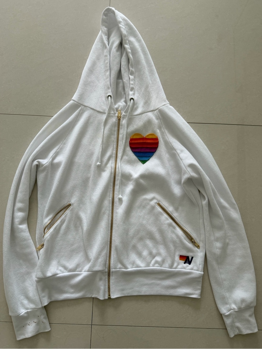 Aviator Nation RAINBOW HEART STITCH ZIP HOODIE W/ POCKETS - WHITE - Picture 3 of 6